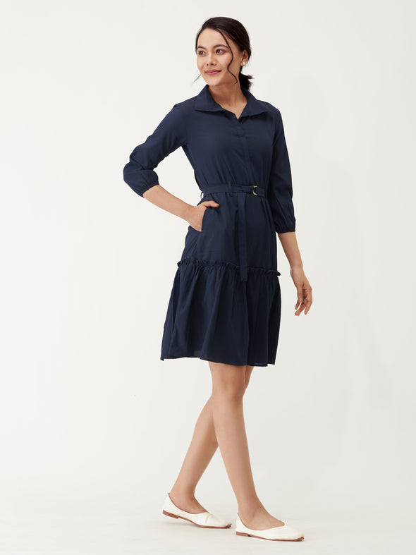 Puff Sleeves Crepe Fit  Flare Dress