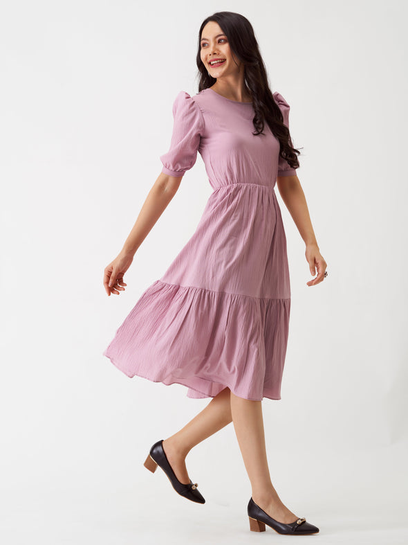 Puff Sleeve Crepe Fit  Flare Midi Dress