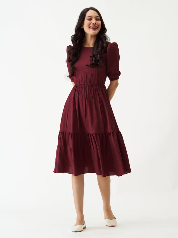 Puff Sleeve Crepe Fit  Flare Midi Dress