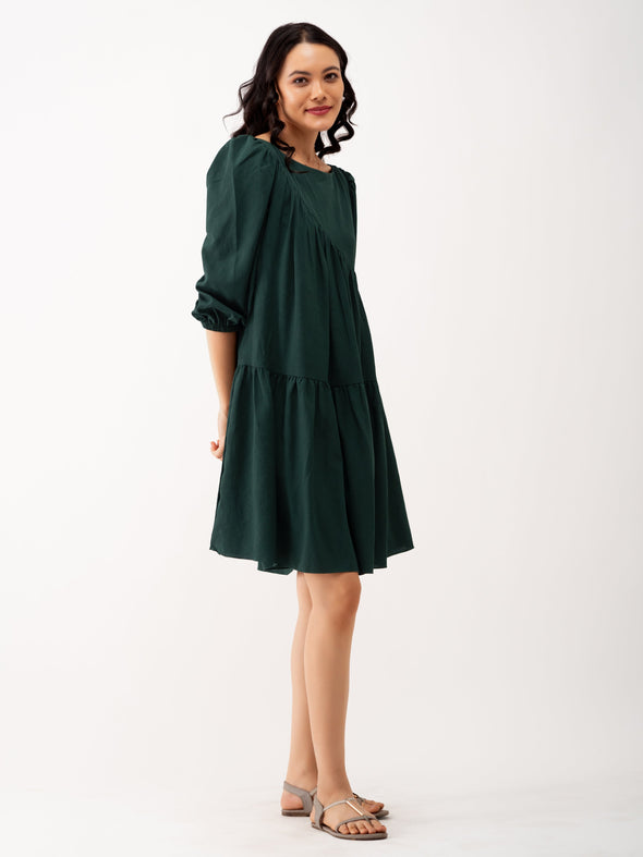 Boat Neck Puff Sleeves A-Line Dress