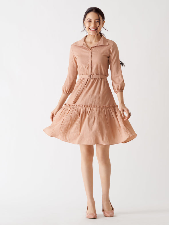 Puff Sleeves Crepe Fit  Flare Dress