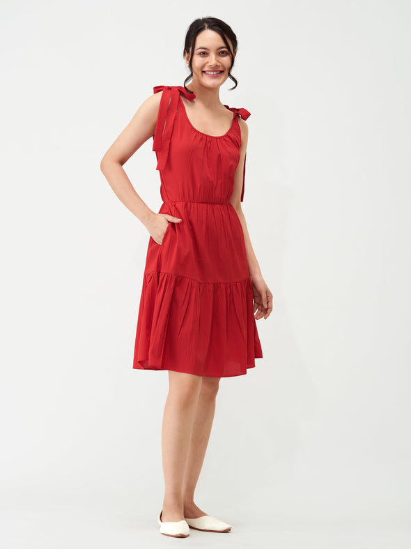 Shoulder Straps Tiered Crepe Fit  Flare dress