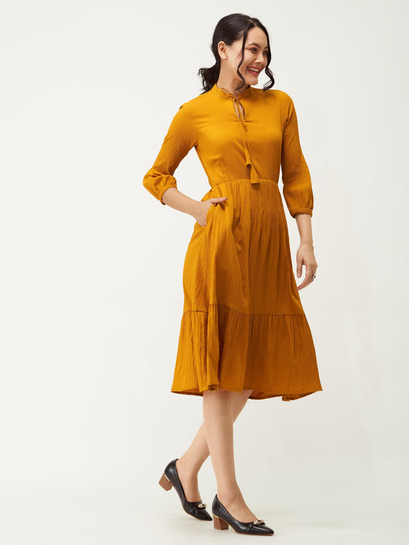 Tie-Up Neck Crepe Fit  Flare Dress