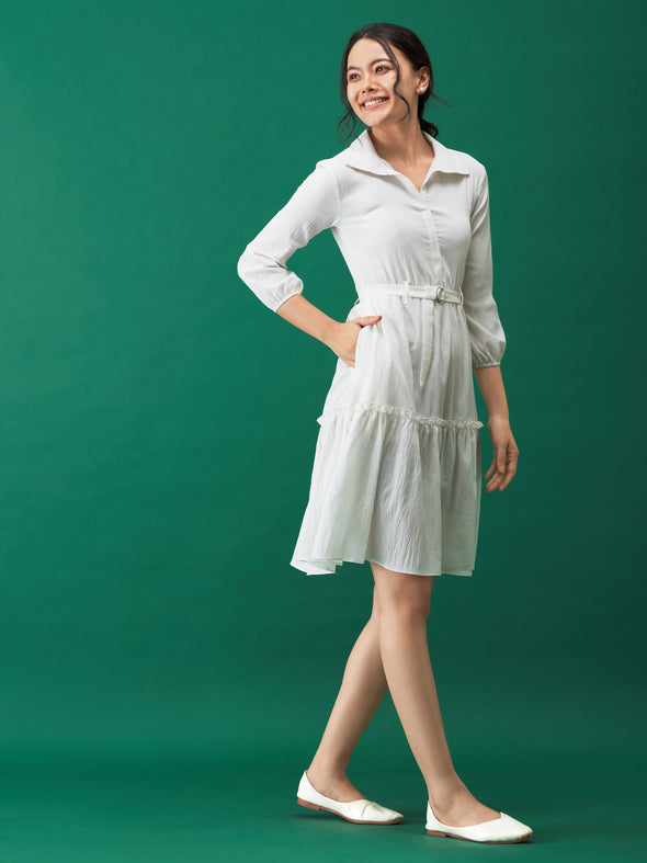 Puff Sleeves Crepe Fit  Flare Dress