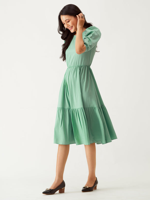 Puff Sleeve Crepe Fit  Flare Midi Dress