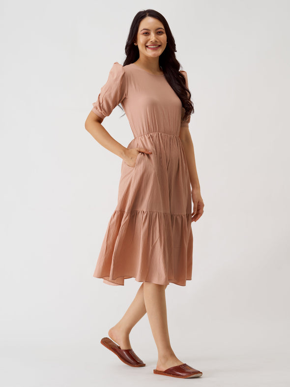 Puff Sleeve Crepe Fit  Flare Midi Dress