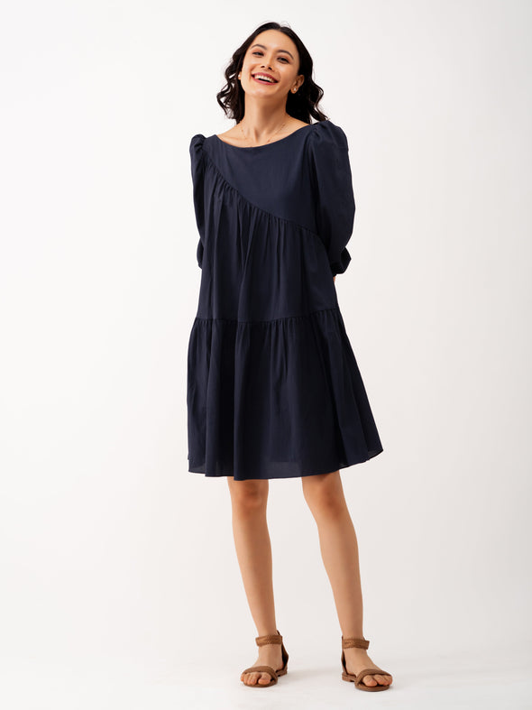Boat Neck Puff Sleeves A-Line Dress
