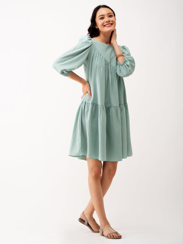 Boat Neck Puff Sleeves A-Line Dress
