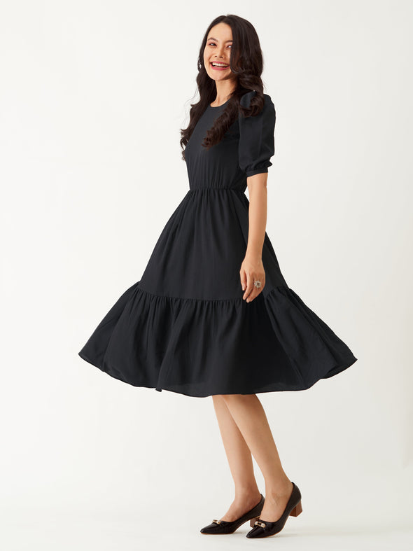 Puff Sleeve Crepe Fit  Flare Midi Dress