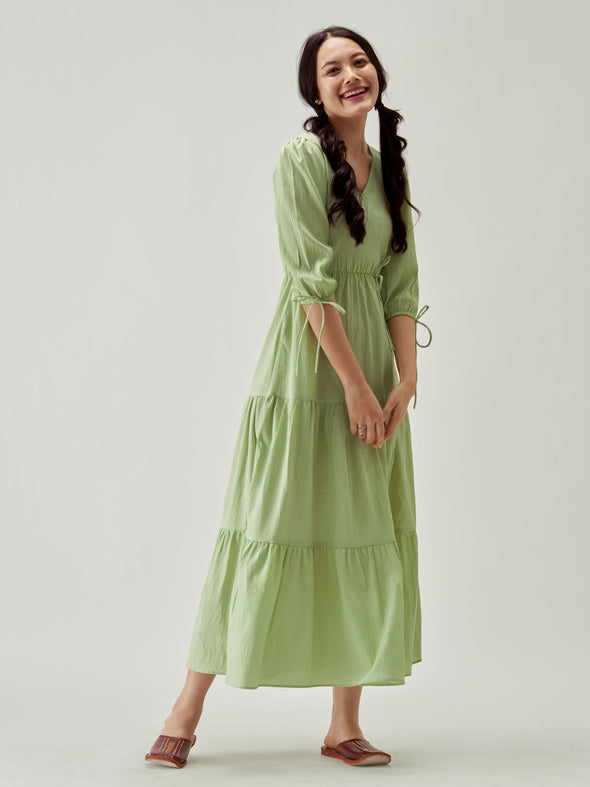 Puff Sleeves Tie-Up Detail Tiered Maxi A-Line Dress