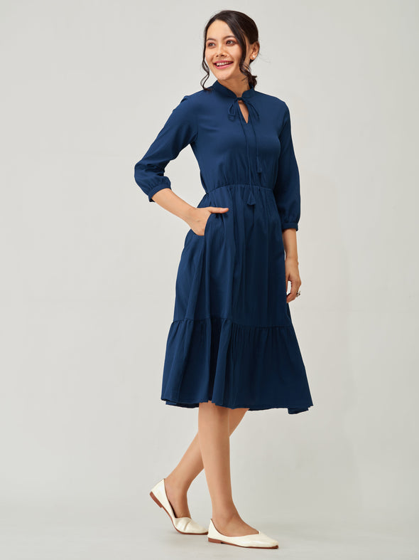 Tie-Up Neck Crepe Fit  Flare Dress