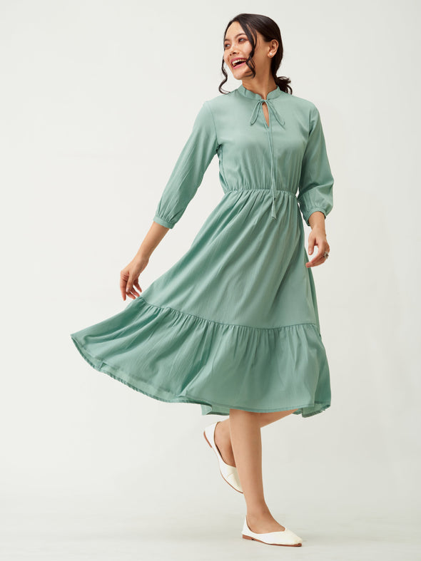 Tie-Up Neck Crepe Fit  Flare Dress