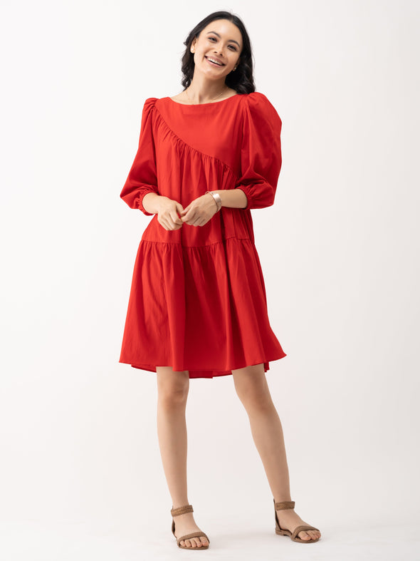 Boat Neck Puff Sleeves A-Line Dress