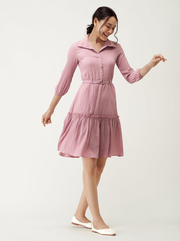 Puff Sleeves Crepe Fit  Flare Dress
