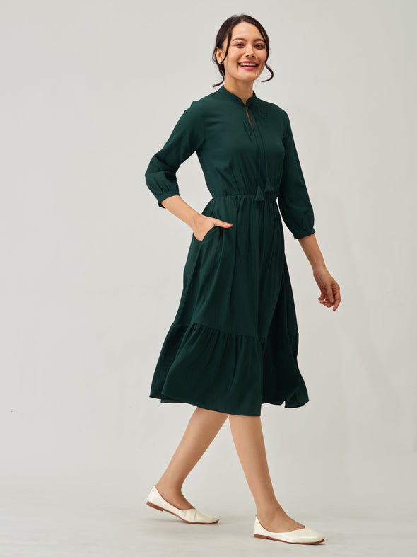 Tie-Up Neck Crepe Fit  Flare Dress