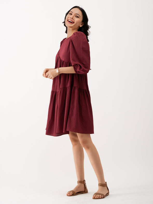 Boat Neck Puff Sleeves A-Line Dress