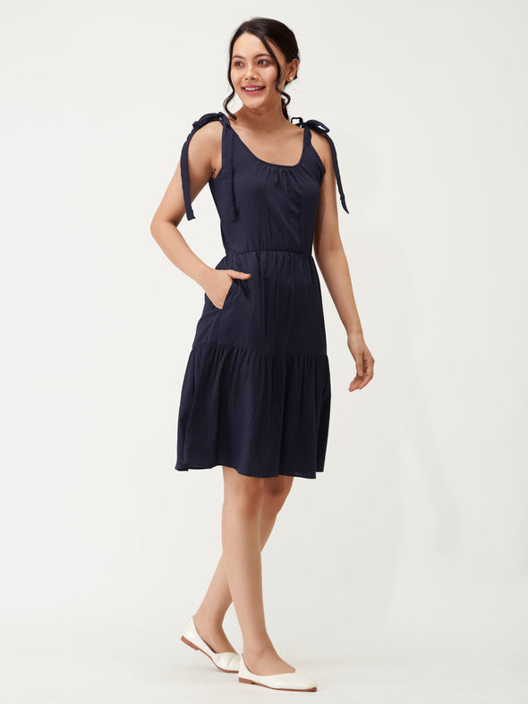 Shoulder Straps Tiered Crepe Fit  Flare dress