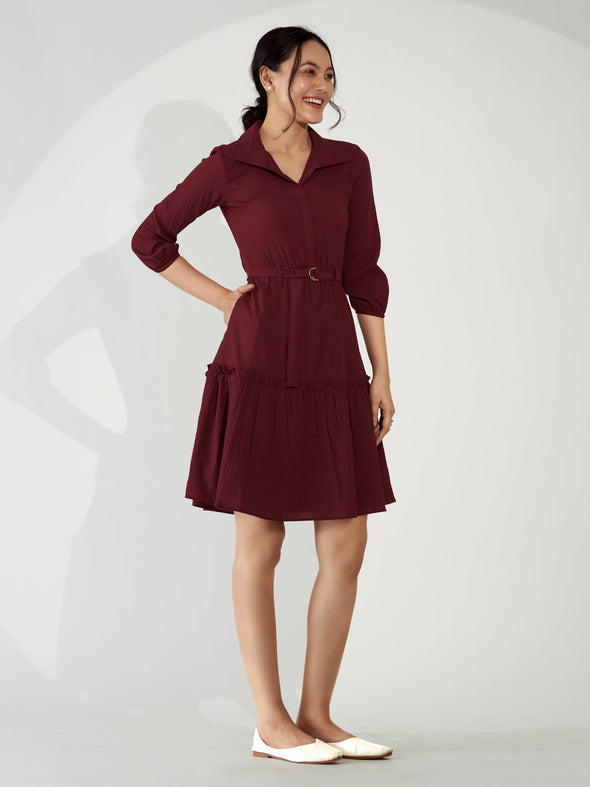 Puff Sleeves Crepe Fit  Flare Dress