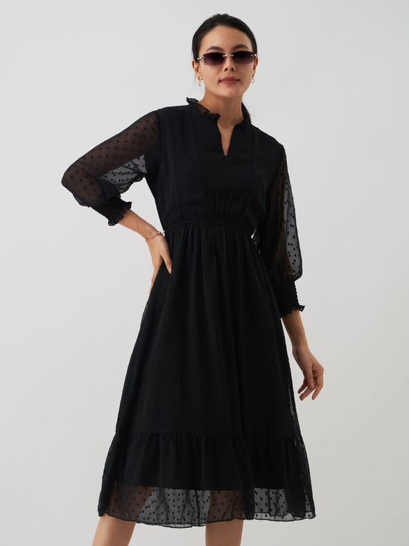 Women Chiffon Dobby Fit & Flare Dress