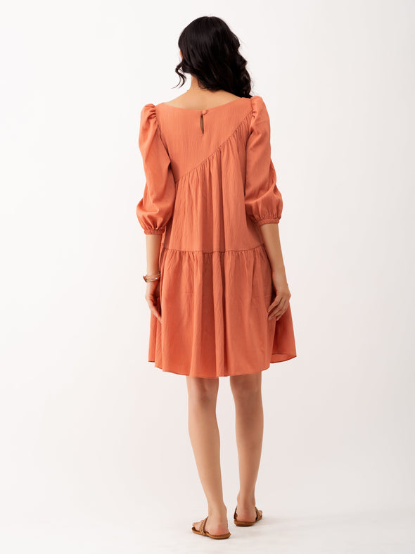 Boat Neck Puff Sleeves A-Line Dress
