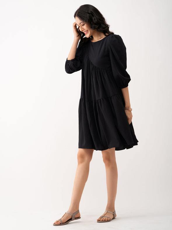 Boat Neck Puff Sleeves A-Line Dress