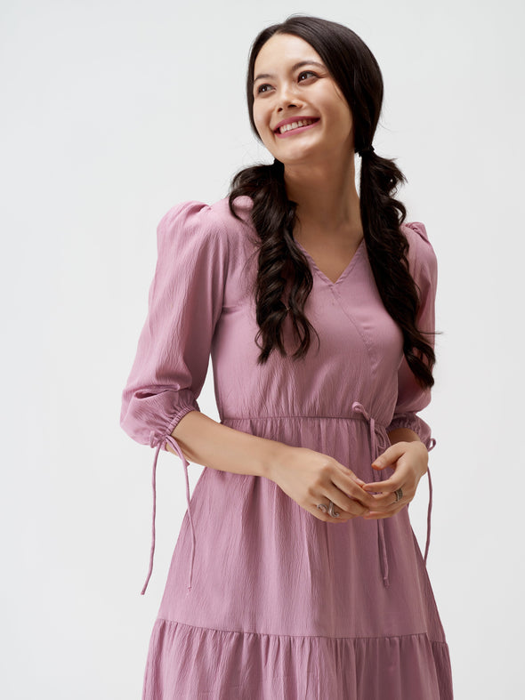 Puff Sleeves Tie-Up Detail Tiered Maxi A-Line Dress