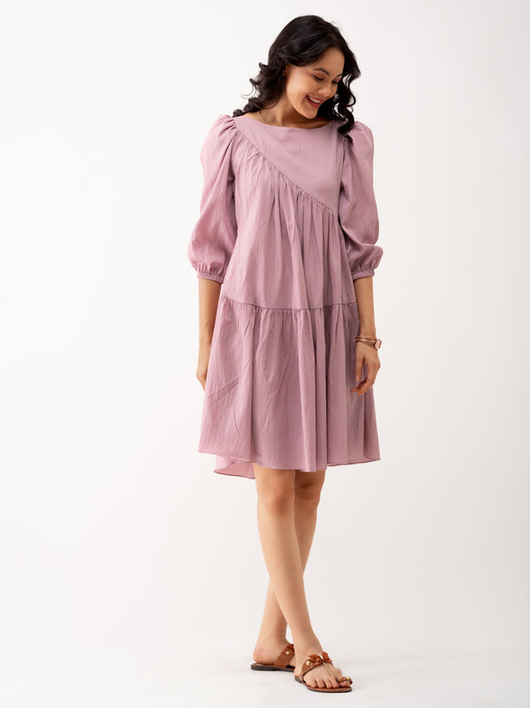 Boat Neck Puff Sleeves A-Line Dress