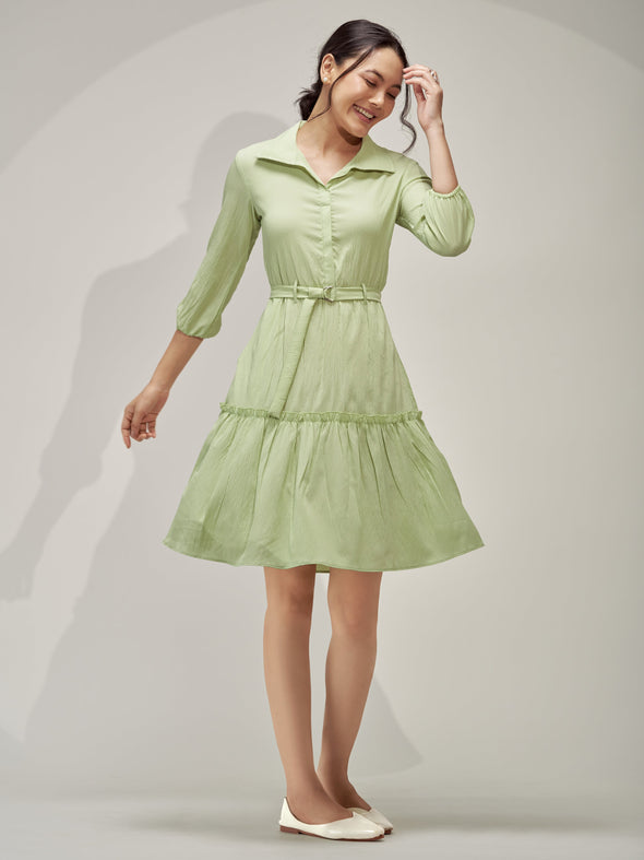 Puff Sleeves Crepe Fit  Flare Dress