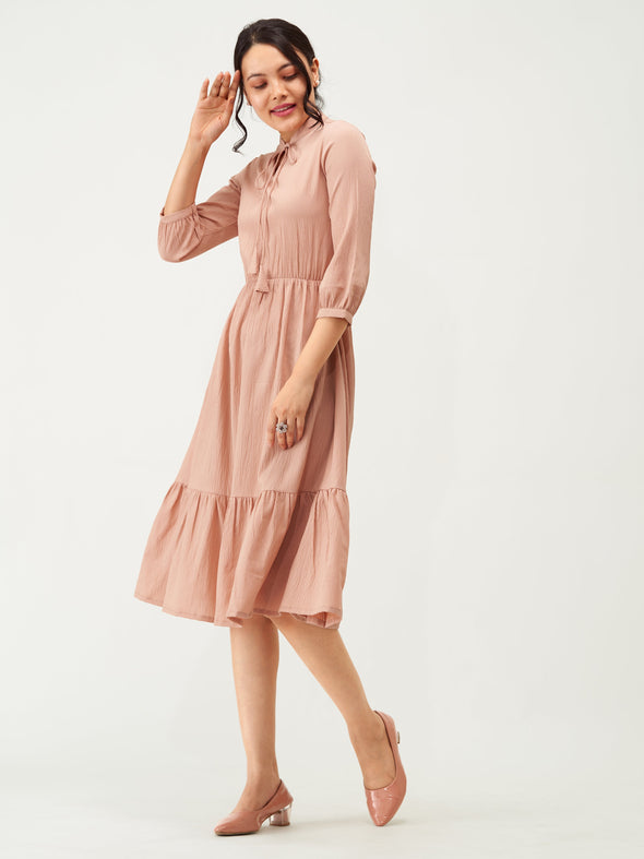 Tie-Up Neck Crepe Fit  Flare Dress