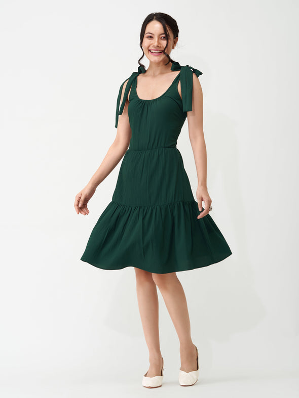 Shoulder Straps Tiered Crepe Fit  Flare dress