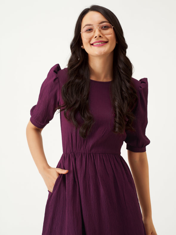 Puff Sleeve Crepe Fit  Flare Midi Dress