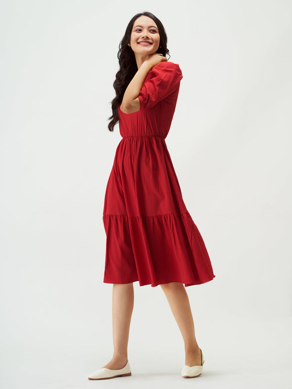 Puff Sleeve Crepe Fit  Flare Midi Dress