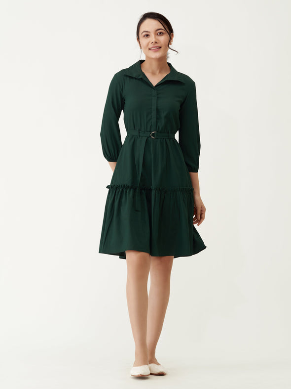 Puff Sleeves Crepe Fit  Flare Dress