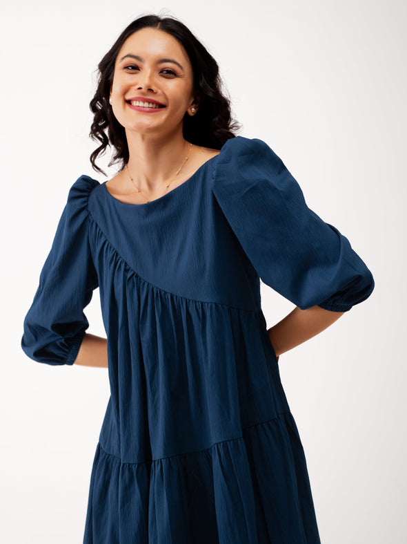 Boat Neck Puff Sleeves A-Line Dress