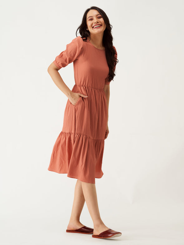 Puff Sleeve Crepe Fit  Flare Midi Dress