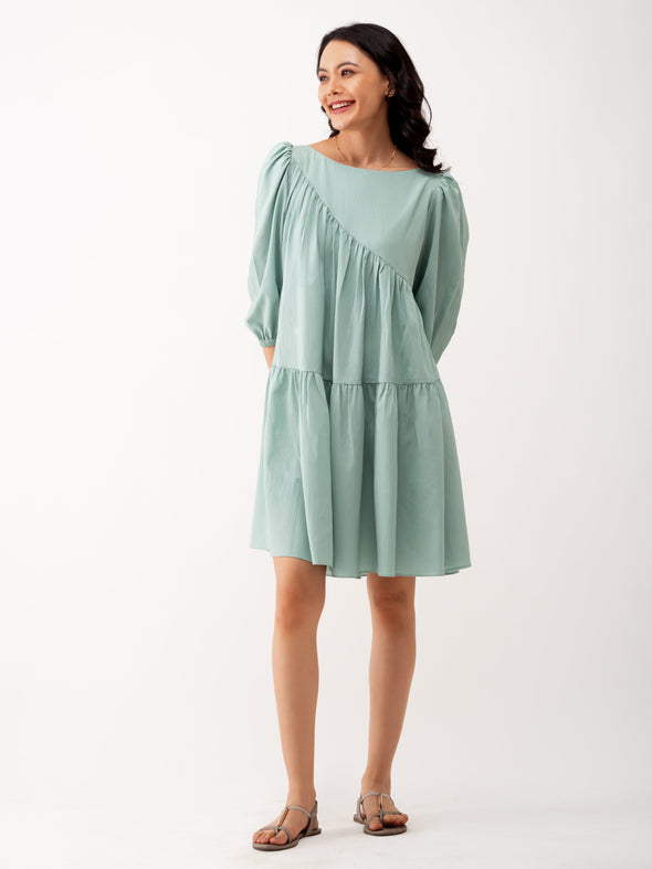 Boat Neck Puff Sleeves A-Line Dress