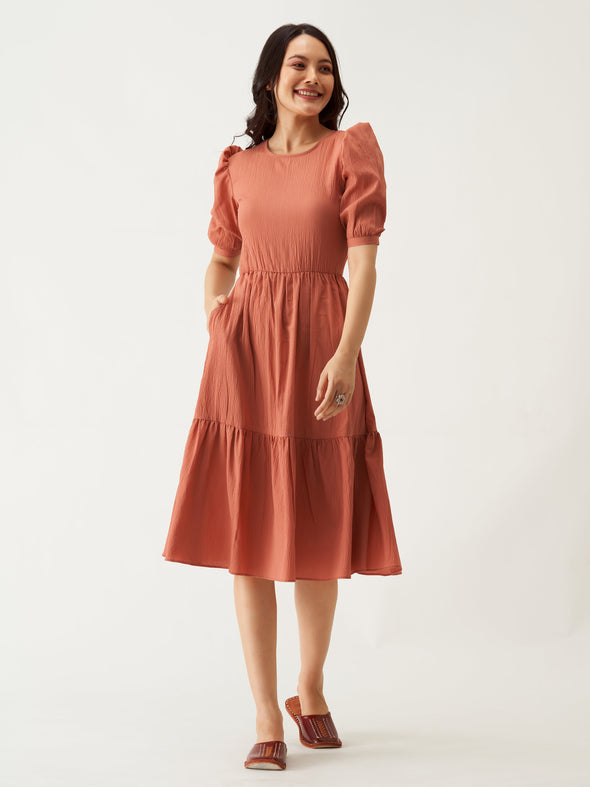 Puff Sleeve Crepe Fit  Flare Midi Dress