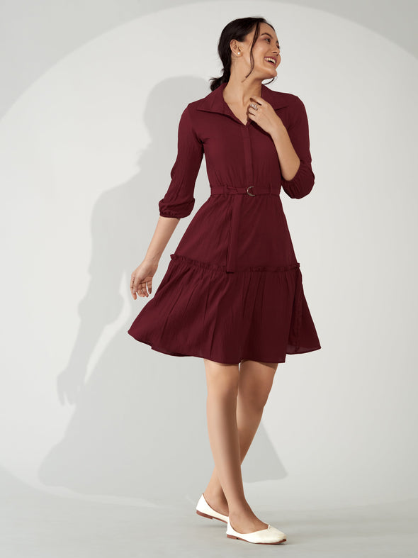 Puff Sleeves Crepe Fit  Flare Dress