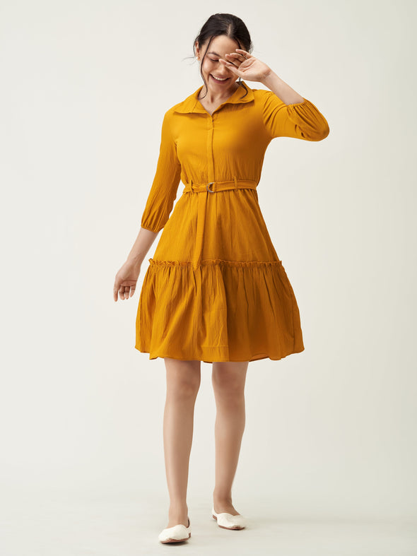 Puff Sleeves Crepe Fit  Flare Dress