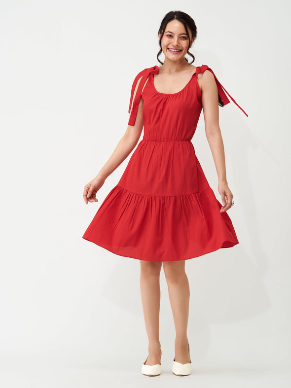 Shoulder Straps Tiered Crepe Fit  Flare dress