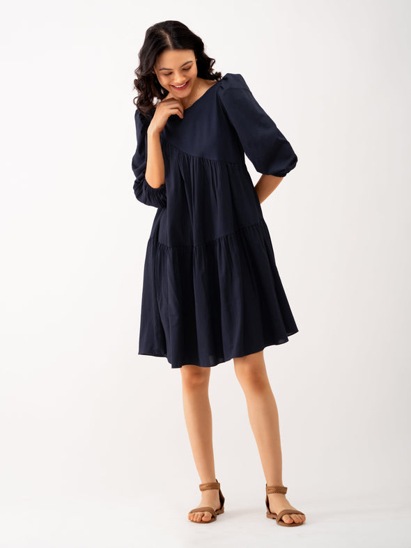 Boat Neck Puff Sleeves A-Line Dress