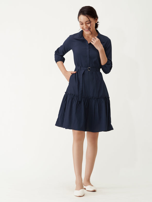Puff Sleeves Crepe Fit  Flare Dress