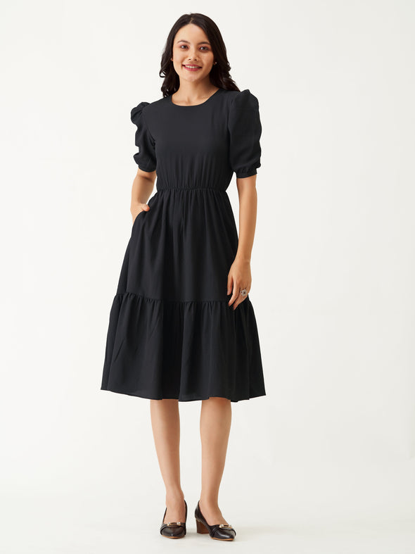 Puff Sleeve Crepe Fit  Flare Midi Dress