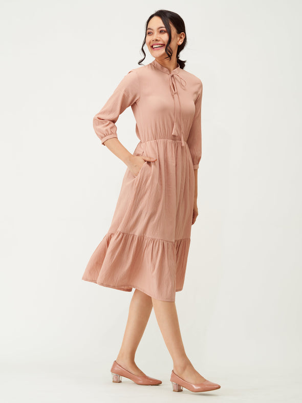 Tie-Up Neck Crepe Fit  Flare Dress