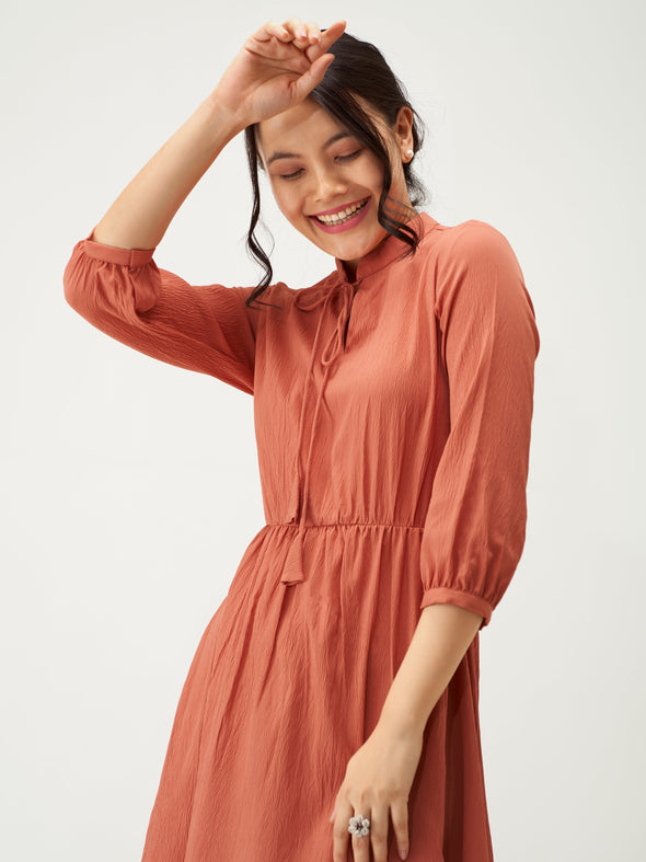 Tie-Up Neck Crepe Fit  Flare Dress