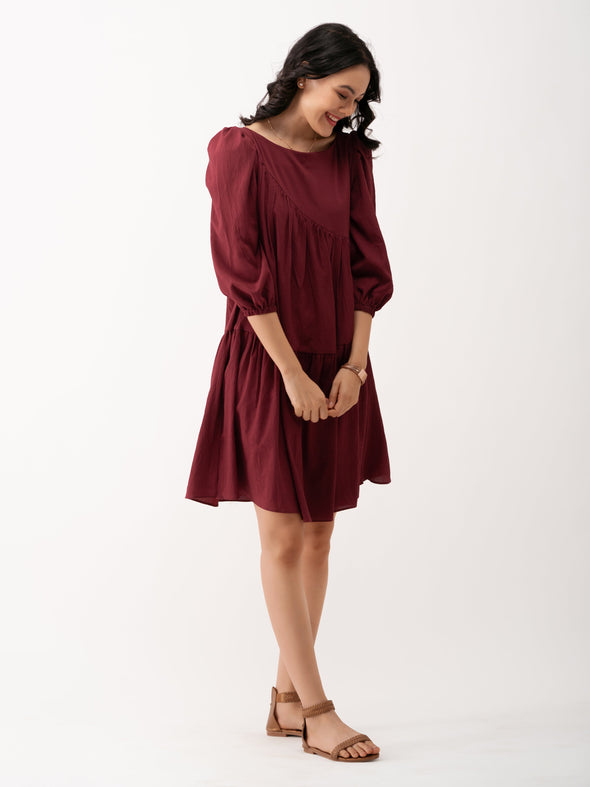 Boat Neck Puff Sleeves A-Line Dress