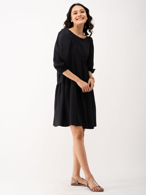 Boat Neck Puff Sleeves A-Line Dress
