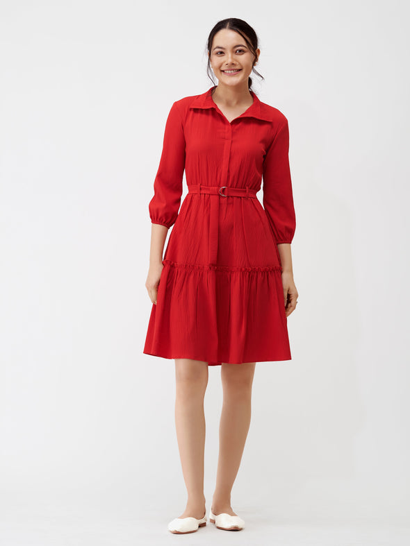 Puff Sleeves Crepe Fit  Flare Dress