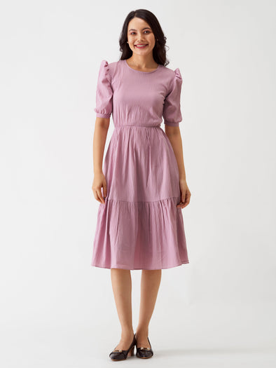 Puff Sleeve Crepe Fit  Flare Midi Dress