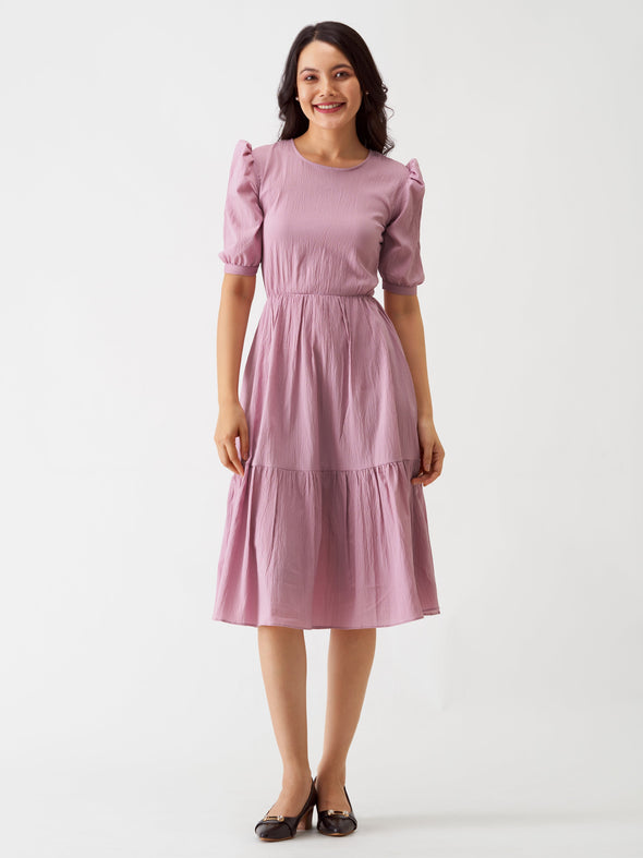 Puff Sleeve Crepe Fit  Flare Midi Dress